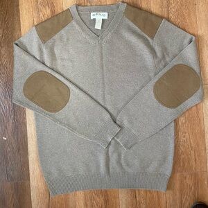 Cashmere Orvis Men's Tan V-Neck Sweater with Elbow Patches